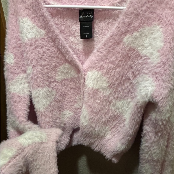 Pink and White Fuzzy Cardigan Sweater - Picture 1 of 8